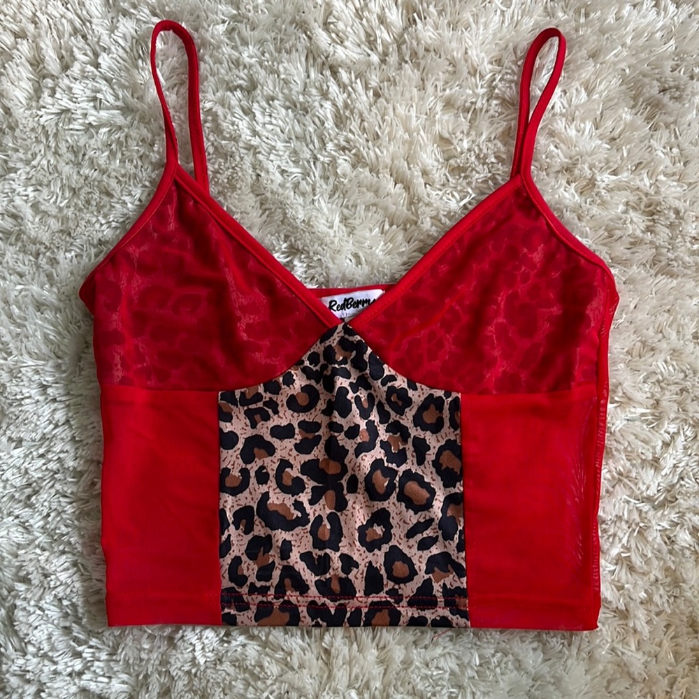Verge Girl, RedBerry spaghetti strap tank top. Red/Cheetah print. Size Small